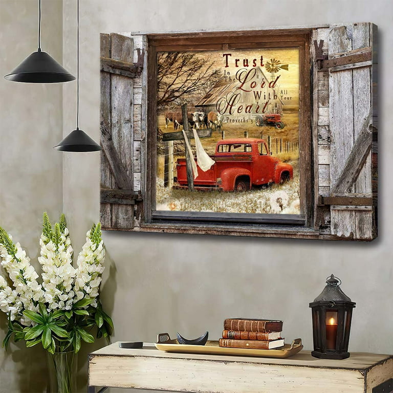 Farmhouse Canvas Wall Art Christian Christmas Red Truck and Old ...