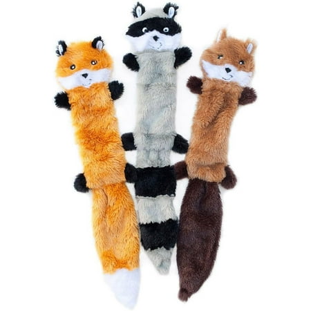 ZippyPaws Skinny Peltz - Fox, Raccoon, & Squirrel - No Stuffing Squeaky Dog Toys, Unstuffed Chew Toy for Small & Medium Breeds, Bulk Multi-Pack of 3 Soft Plush Toys, Flat No Stuffing Puppy Toys - 18"
