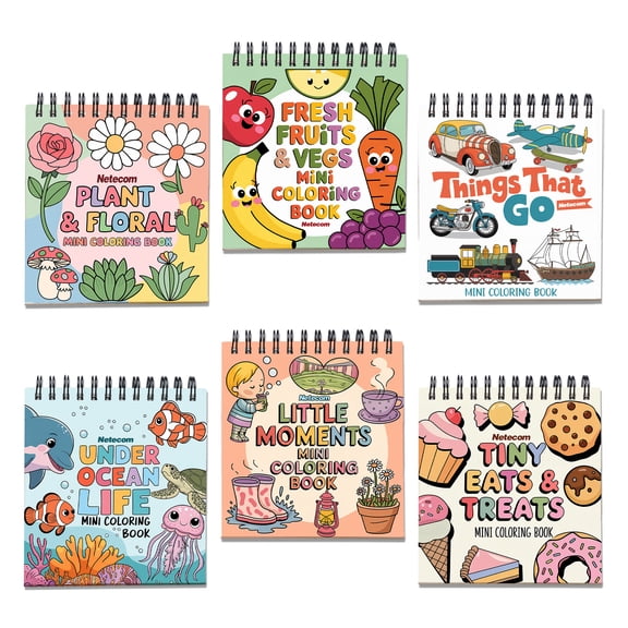 Various Themes Mini Coloring Book Spiral Bound for Adult, Pack 6, 3.5” x 3.5” Pocket Size, 40 Coloring Pages Stress & Anxiety Relief, Travel for Women Men