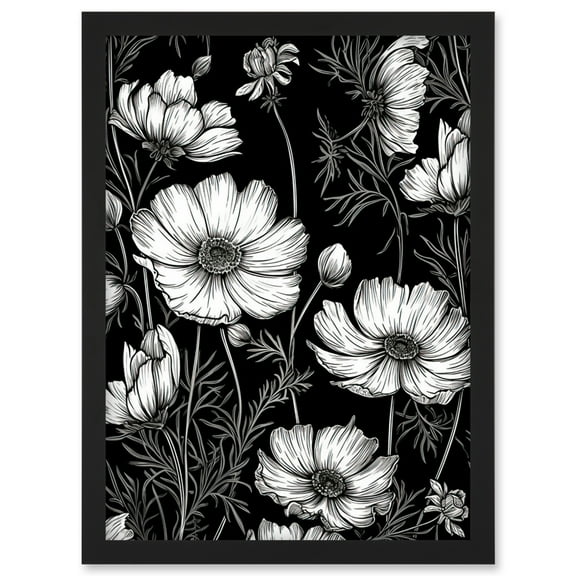 Detailed Black and White Cosmos Flower Plants Artwork Framed Wall Art Print A4