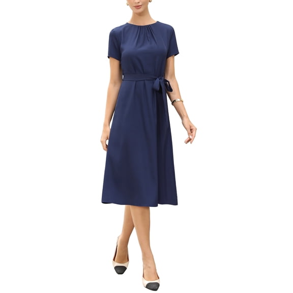 Summer Dress for Women Work Casual Short Sleeve Crewneck A Line Flowy Dresses with Belt XS Navy Blue