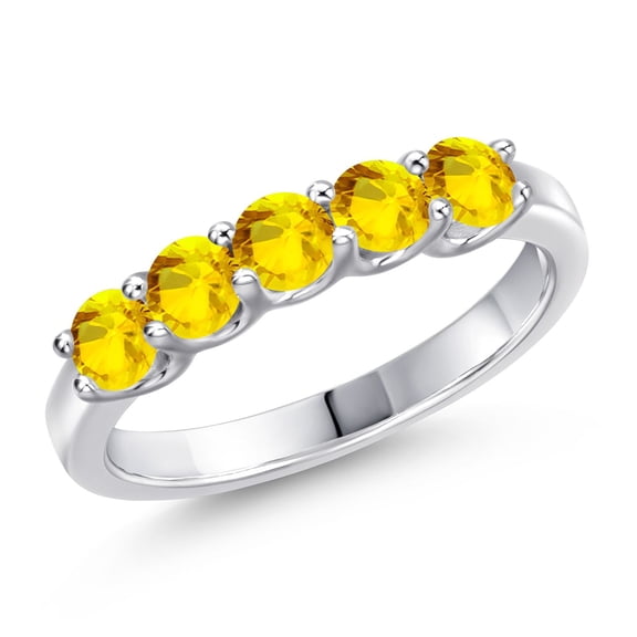 Gem Stone King 925 Sterling Silver Yellow Sapphire Wedding-Bands Ring for Women | 0.80 Cttw | Round 3.5MM | Gemstone September Birthstone | Size 8