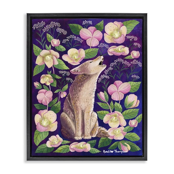 Stupell Industries Coyote & Pink Florals Animals Painting Black Floater Framed Canvas Art Print Wall Art, 17 x 21