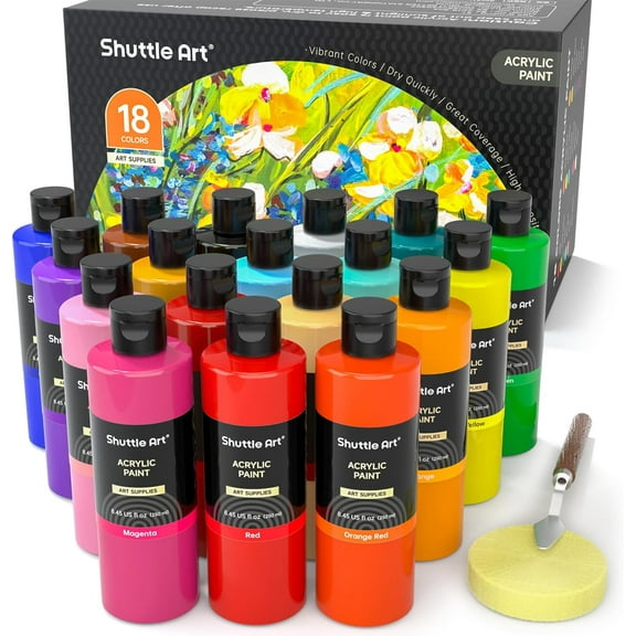 Acrylic Paint, Shuttle Art 18 Colors Acrylic Paint Bottle Set (250ml/8.45oz), Rich Pigmented Acrylic Paints, Bulk Painting Supplies for Artists, Beginners and Kids on Rocks Crafts Canvas Wood Ceramic