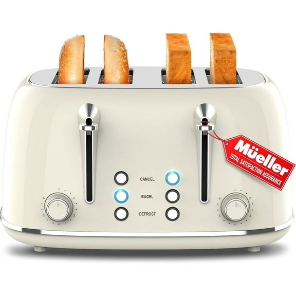 Mueller Retro Toaster 4 Slice with Extra Wide Slots Bagel, Defrost, and Cancel Function, 6 Browning Levels, Dual Independent Controls, Removable Crumb Tray and High Lift Levers, Beige