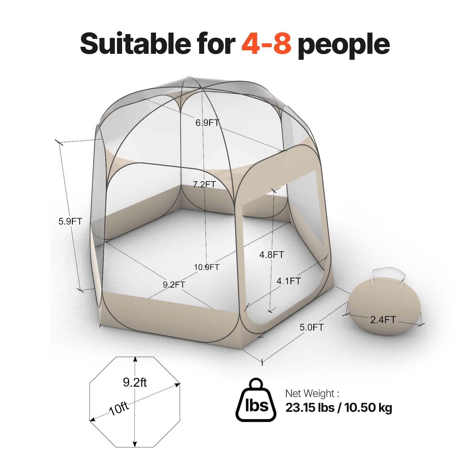 KFFKFF Pop-Up Bubble Tent, 10 x 9.2 ft Waterproof & UV-Resistant, Transparent Outdoor Dome Shelter with Windows, 540° Panoramic View, Fits 4-8 People for Patio or Backyard Use