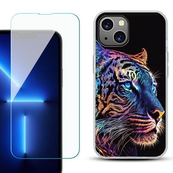 Slim-Fit TPU Phone Case for iPhone 14 Plus, with Tempered Glass Screen Protector, by OneToughShield ® - Neon Tiger