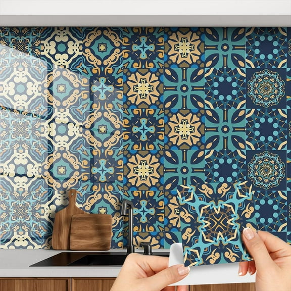 Classical flower tile wall sticker,9PCS Mandala Style Tile Sticker, Traditional DIY Murals, Tile Waterproof Oil Proof Removable Decals for Bathroom & Kitchen Backsplash Oil Proof Wall Stickers