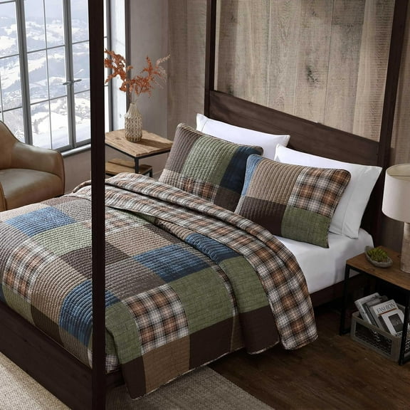 Full/Queen Quilt Set - Classic Patchwork Green, Reversible Premium Cotton Bedding with Matching Shams