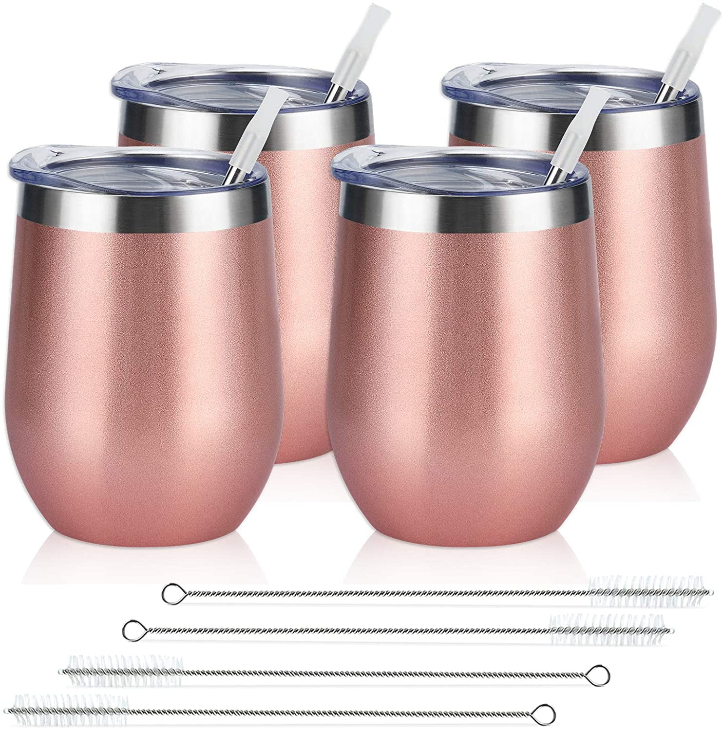 Gingprous 4 Pack 12 oz Stainless Steel Wine Tumblers with Lids Straws,Vacuum Insulated Tumblers