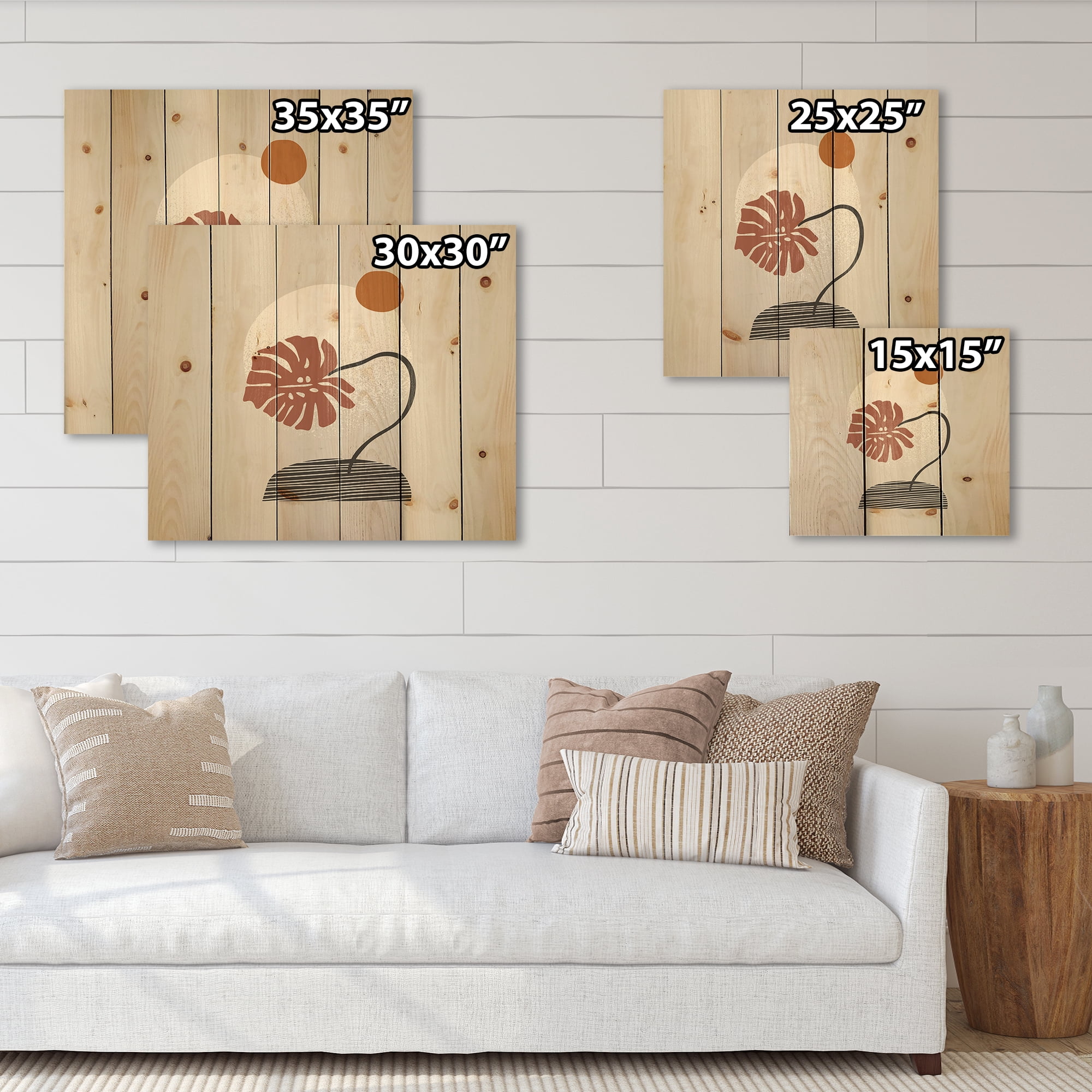Designart 'Abstract Geometry Shapes and Tropical Palm Leaf III' Modern Print on Natural Pine Wood