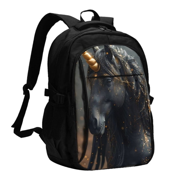 Balery Black And Gold White Horse Mochila con carga USB para hombre y mujer - Mochila impermeable y antirrobo para portátil con puerto USB para viajes, trabajo, estudios y universidad