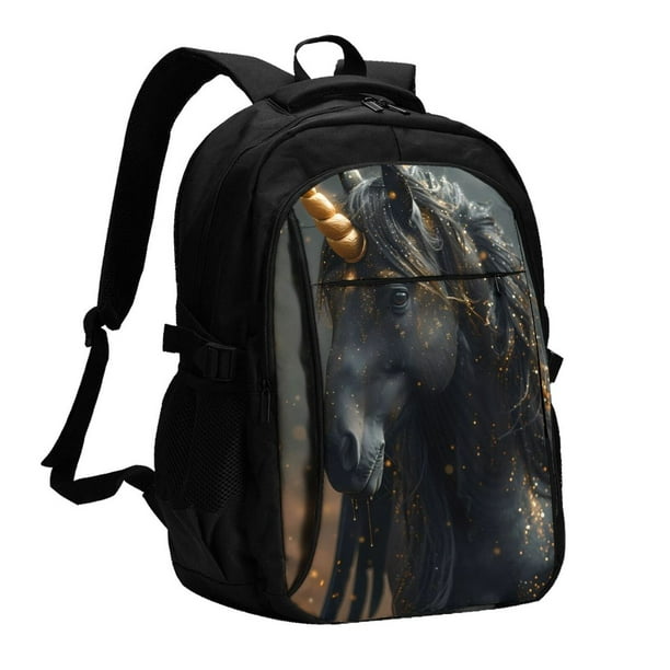 Balery Black And Gold White Horse Mochila con carga USB para hombre y mujer - Mochila impermeable y antirrobo para portátil con puerto USB para viajes, trabajo, estudios y universidad