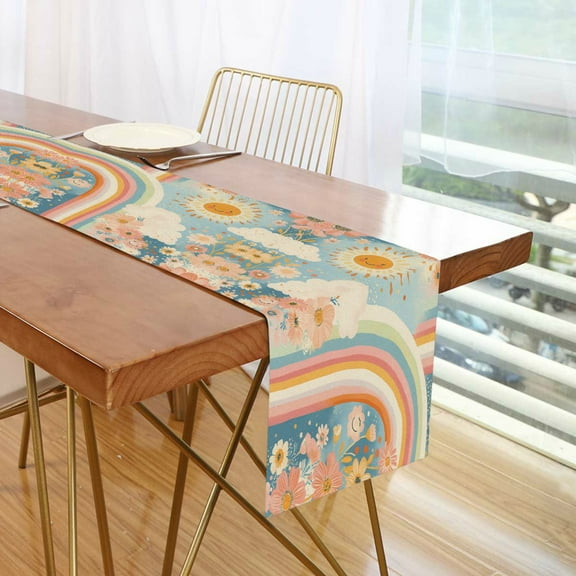 Yayeee Table Runner 70 inches Long Home Kitchen Dinning Party Decoration, Beige Rainbow Clouds