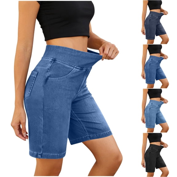 ClodeEU Women's High Waist Denim Shorts,Casual Trendy Stretch Bermuda Shorts with Pockets Black,Women's Plus L