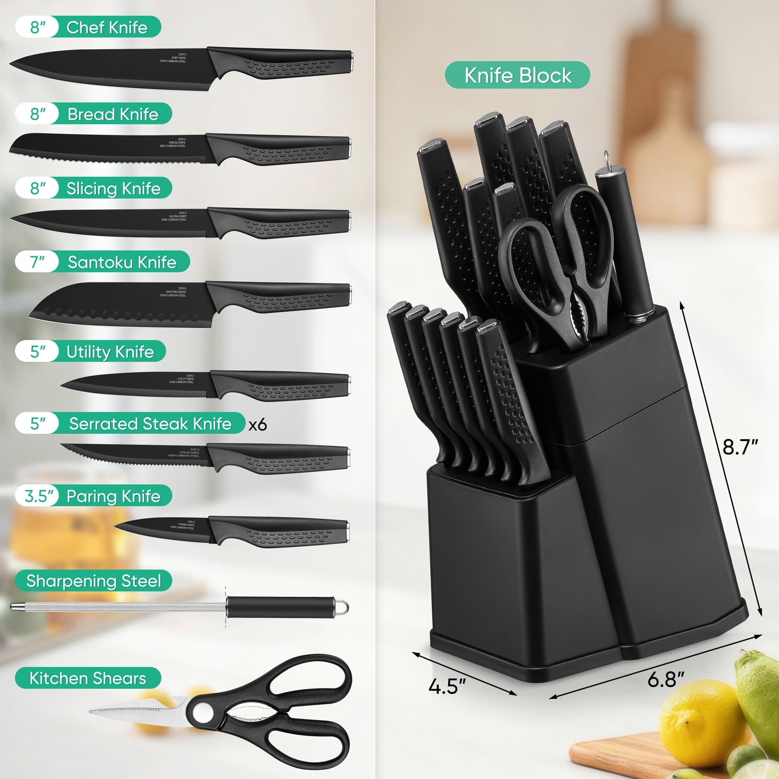 Vesteel Knife Block Set for Kitchen, 15-Piece High Carbon Stainless Steel Knives Set with Ergonomic Handle, Ultra-sharp & Rust Resistant, Black