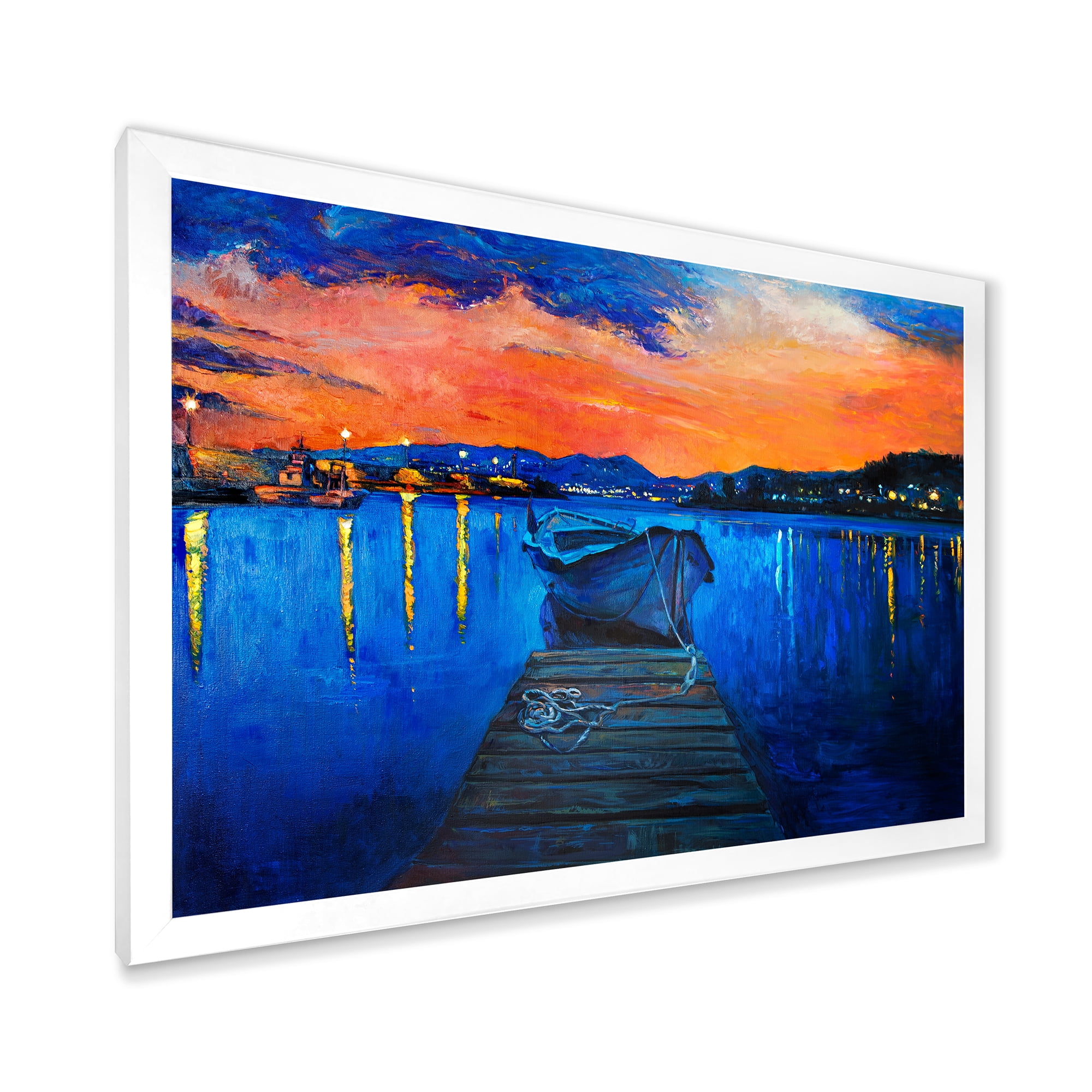 Boats During Warm Sunset Resting On The Water III 32 in x 16 in Framed Painting Canvas Art Print, by Designart