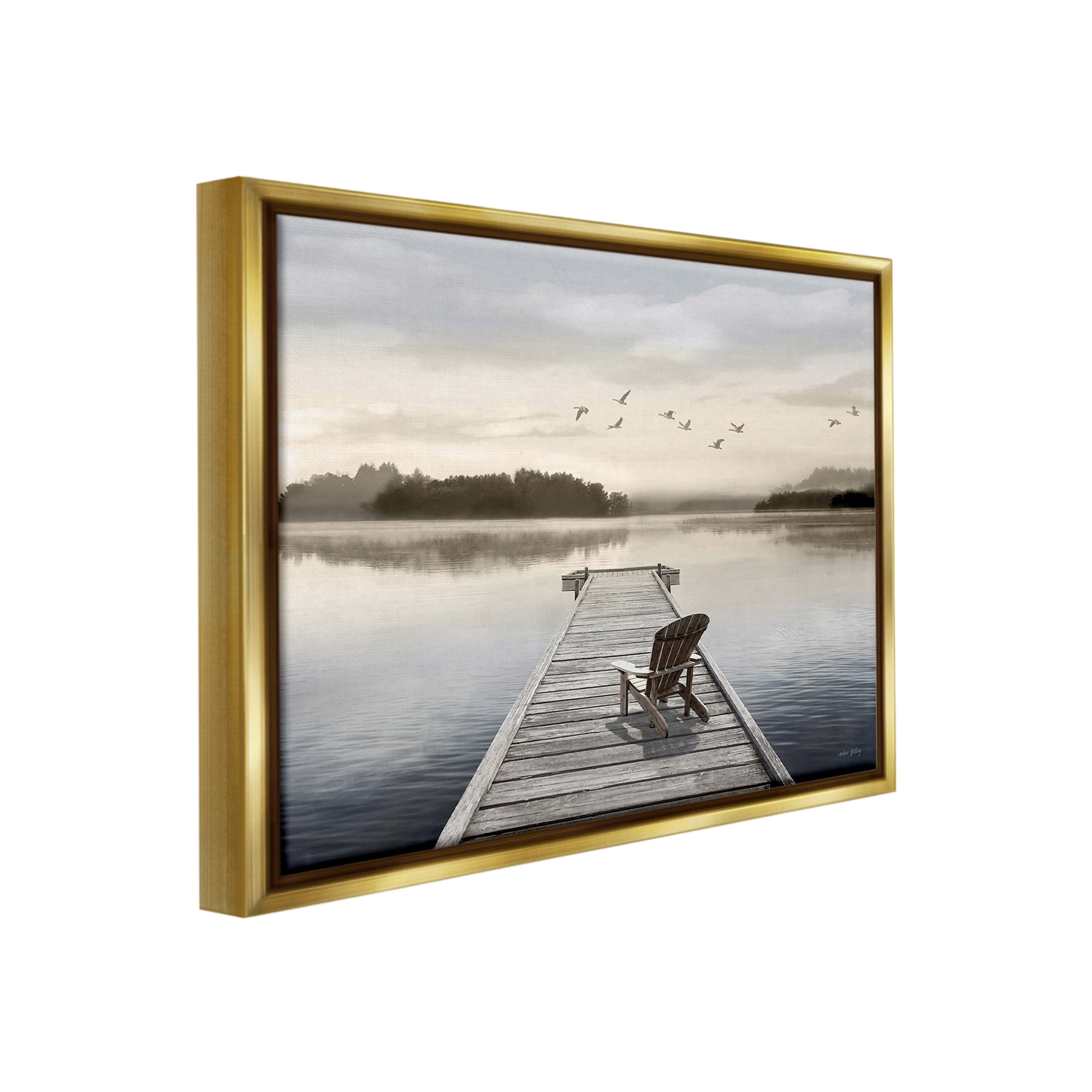 Stupell Industries Beach Chair on Dock Landscape Painting Gold Floater Framed Canvas Art Print Wall Art, 31 x 25