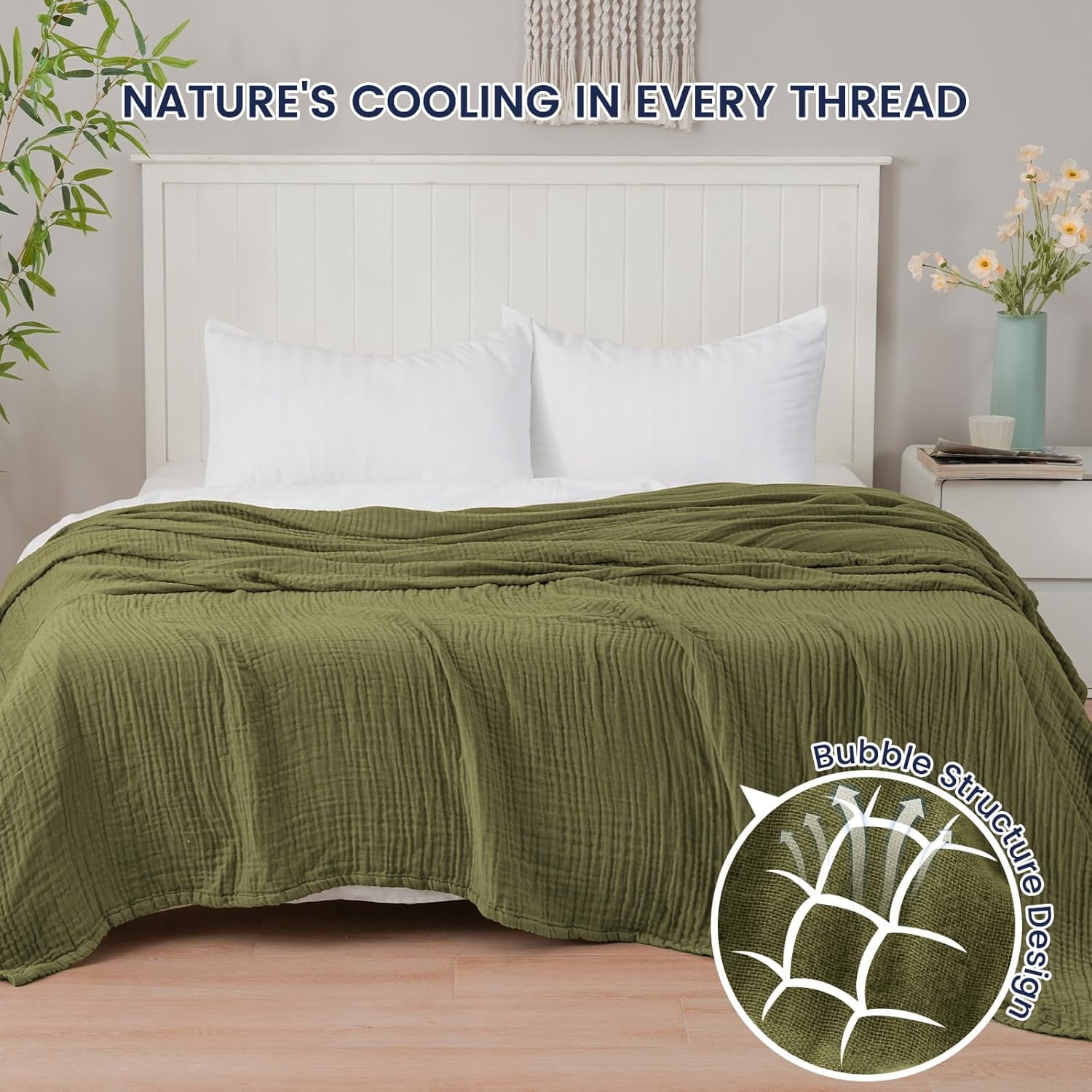 PHF Cooling Muslin Twin Blanket for Hot Sleepers, 4-Layer Breathable Bamboo Rayon & Cotton Gauze, Lightweight Summer Blanket for Bed or Couch, 66" x 90", Burnt Olive