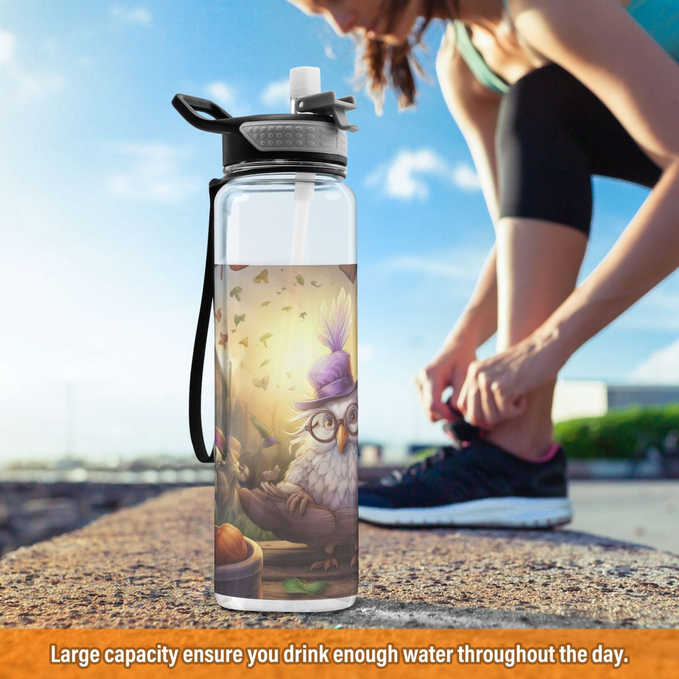 Bird Hat Glasses Dolls Sports Water Bottle Portable Travel Mug 32oz BPA Free Leak Proof Straw Transparent Tritan for Gym Yoga Cycling Camping