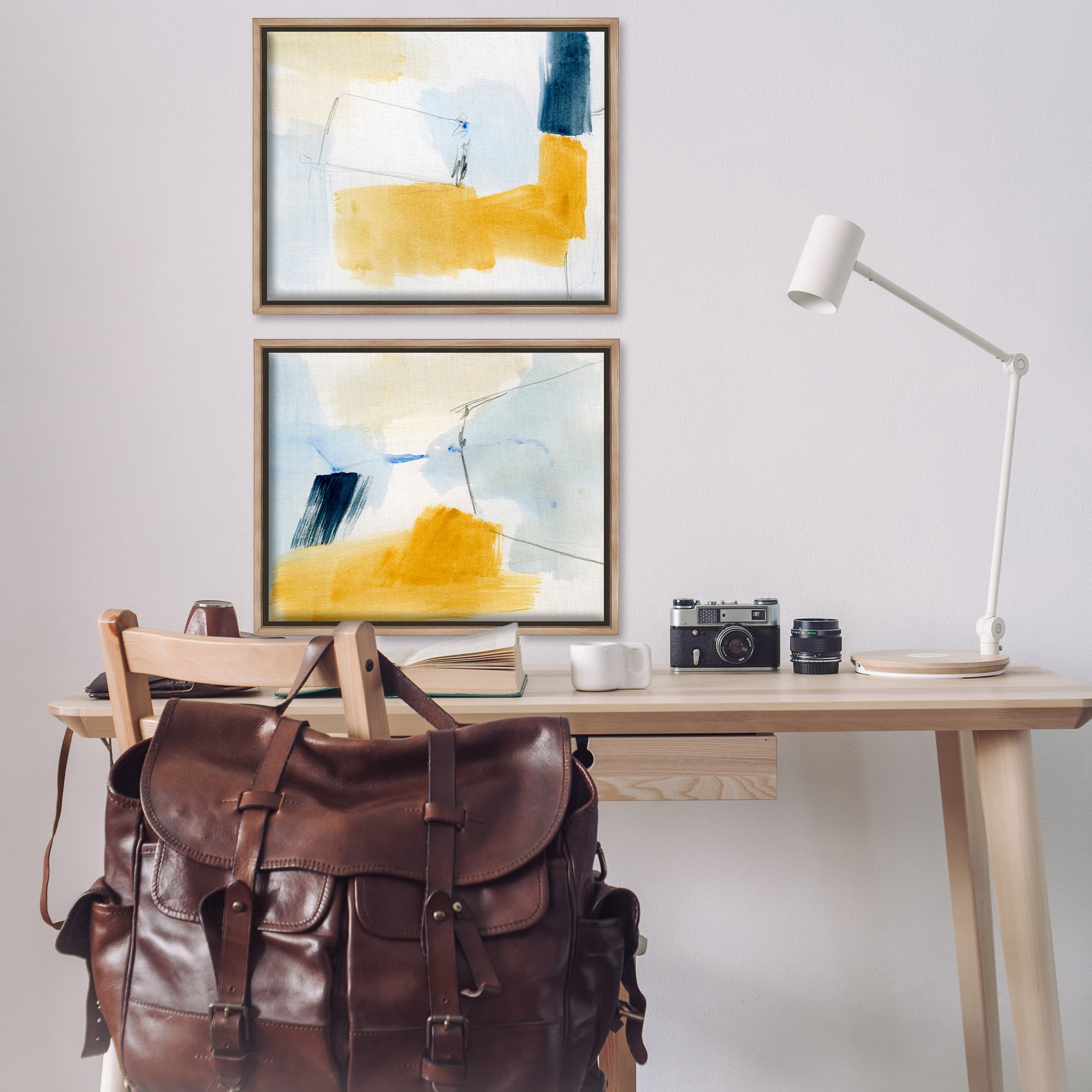 Stupell Industries Yellow Patchy Abstract Abstract Painting Brown Floater Framed Canvas Art Print Wall Art, 31 x 25, Set of 2