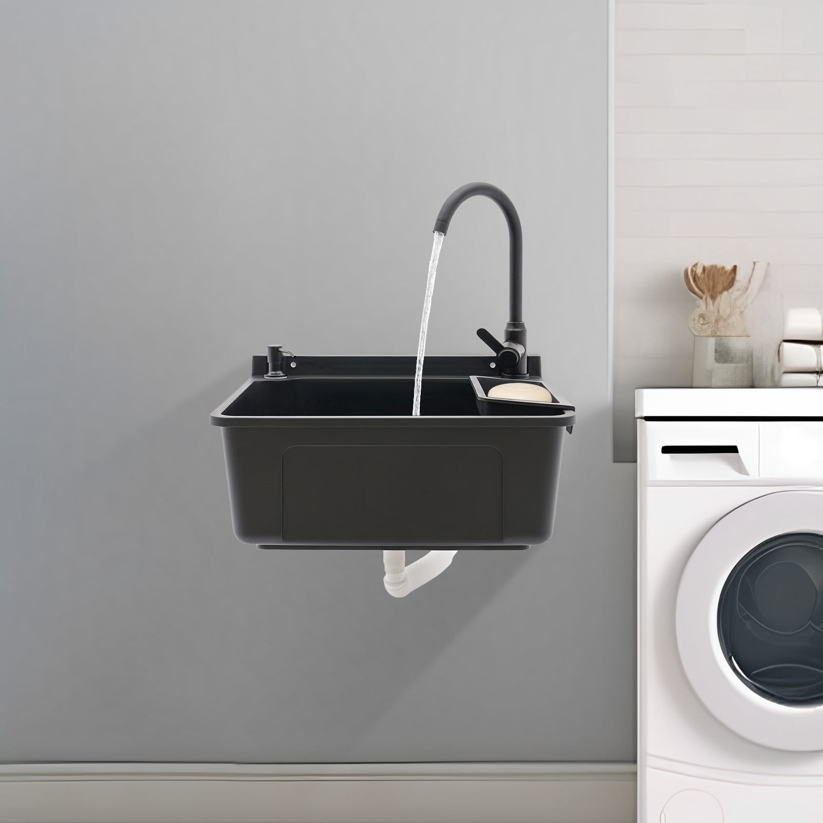 Wall-Mounted Bathroom Sink, Modern Laundry Sink, Rectangular Utility Sink Black