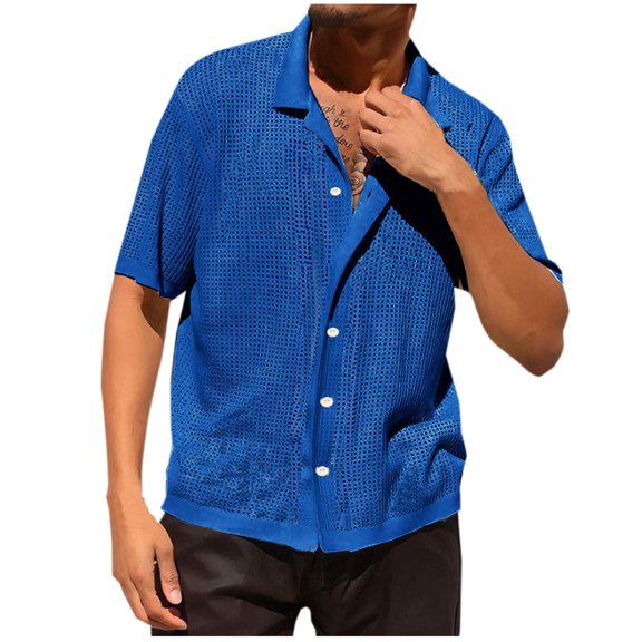 Mens Crochet Knitted Shirts Hollow-Out Short Sleeve Button-Down Collared Tshirts Shirt Casual Solid Color Breathable Summer Hawaiian Beach Tees Tops