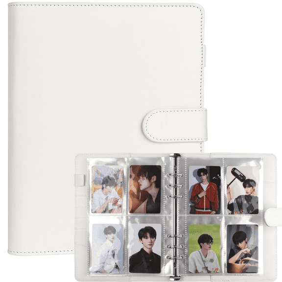 A5 Kpop Photocard Binder, 6-Ring PU Leather Photocard Collector Album with Magnetic Buckle Closure, 200 Card Slots Sleeve Organizer for Trading Cards & Photo Cards, White