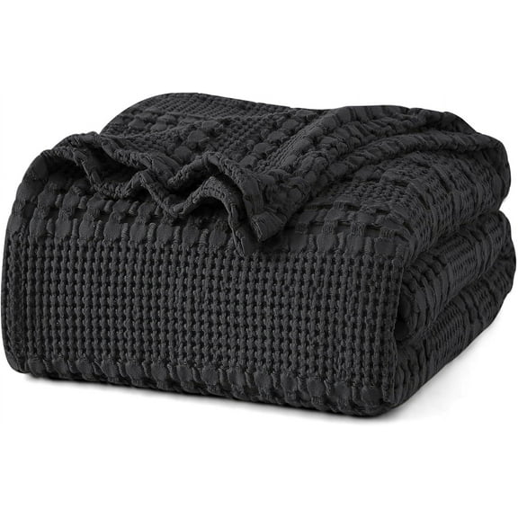 PHF 100% Cotton Waffle Weave Blanket, Lightweight Queen Washed Blanket for Bed Sofa Home Decor, Black, 90"x90"