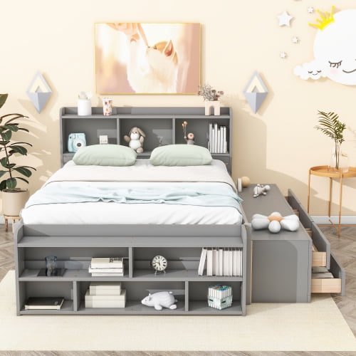 Full Size Bed with Bookcase Headboard American Design Under Bed Storage Drawers and Footboard Storage Case Space Saving for Small Bedroom, Grey