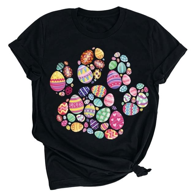 Bowake T-Shirts Joyeuses Pâques pour Femmes Manches Courtes Col Rond T-Shirts Imprimé Œuf Mignon Blouses Classiques de Festival