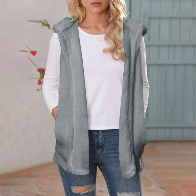 Pincandy Womens Sleeveless Sherpa Vest with Pockets Lapel Open Front Fleece Cardigan Sweater Fuzzy Jacket Coat