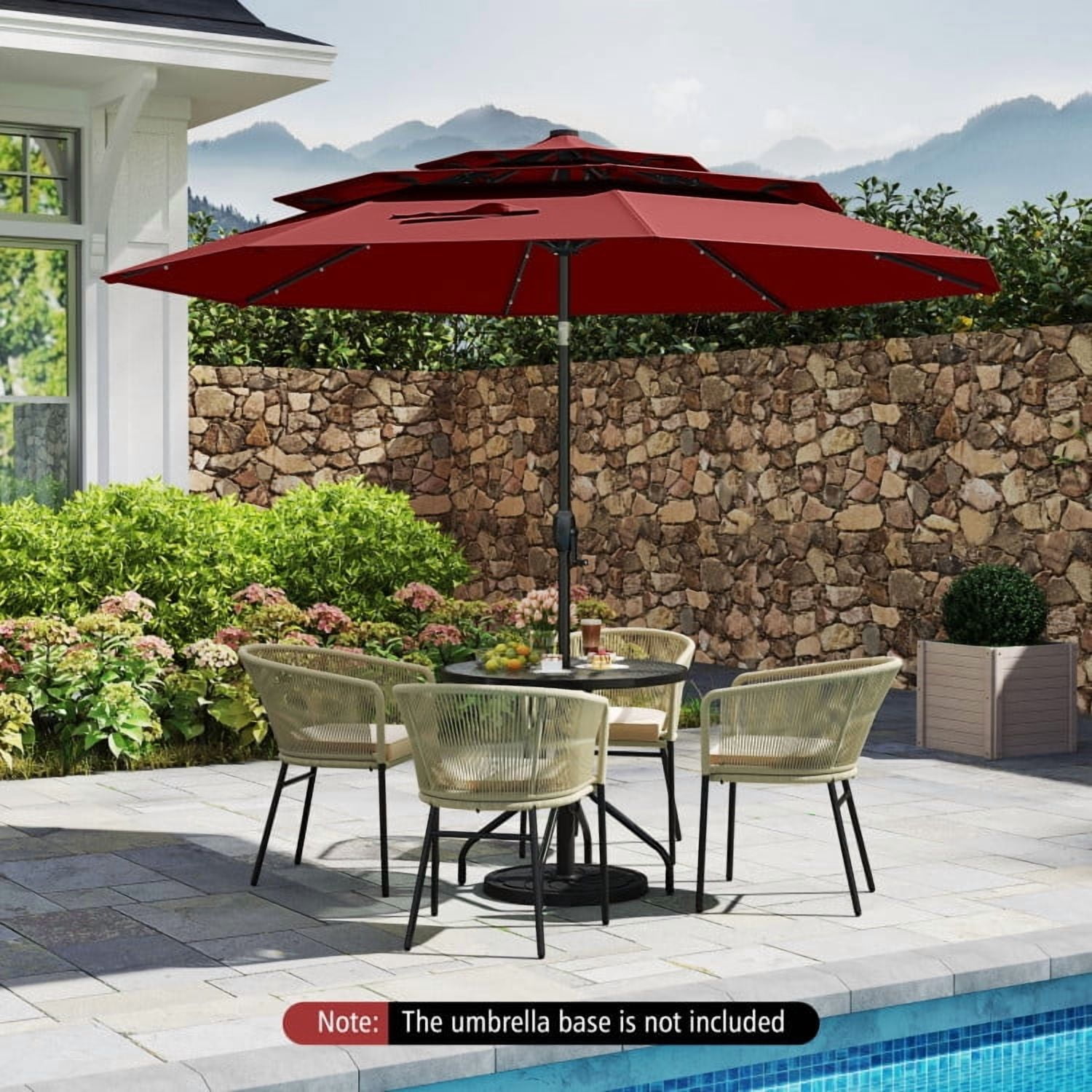 YYAo Outdoor Garden Umbrella,Market Umbrella,10 Feet Solar Patio Umbrella with 32 LED Lights 3-Tier Vented Top-Wine