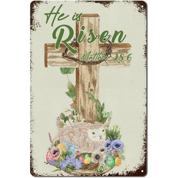 Él ha resucitado Pascua Floral Cruz Vintage Letreros de metal Decoración del hogar Versículo bíblico Cita cristiana Letrero de hojalata de metal Placa de pared 12x8
