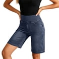 thumbnail image 2 of Swanpen Women's High Waist Stretchy Denim Bermuda Shorts, Elastic Waist Pull-On Biker Shorts with Pockets, 2 of 7