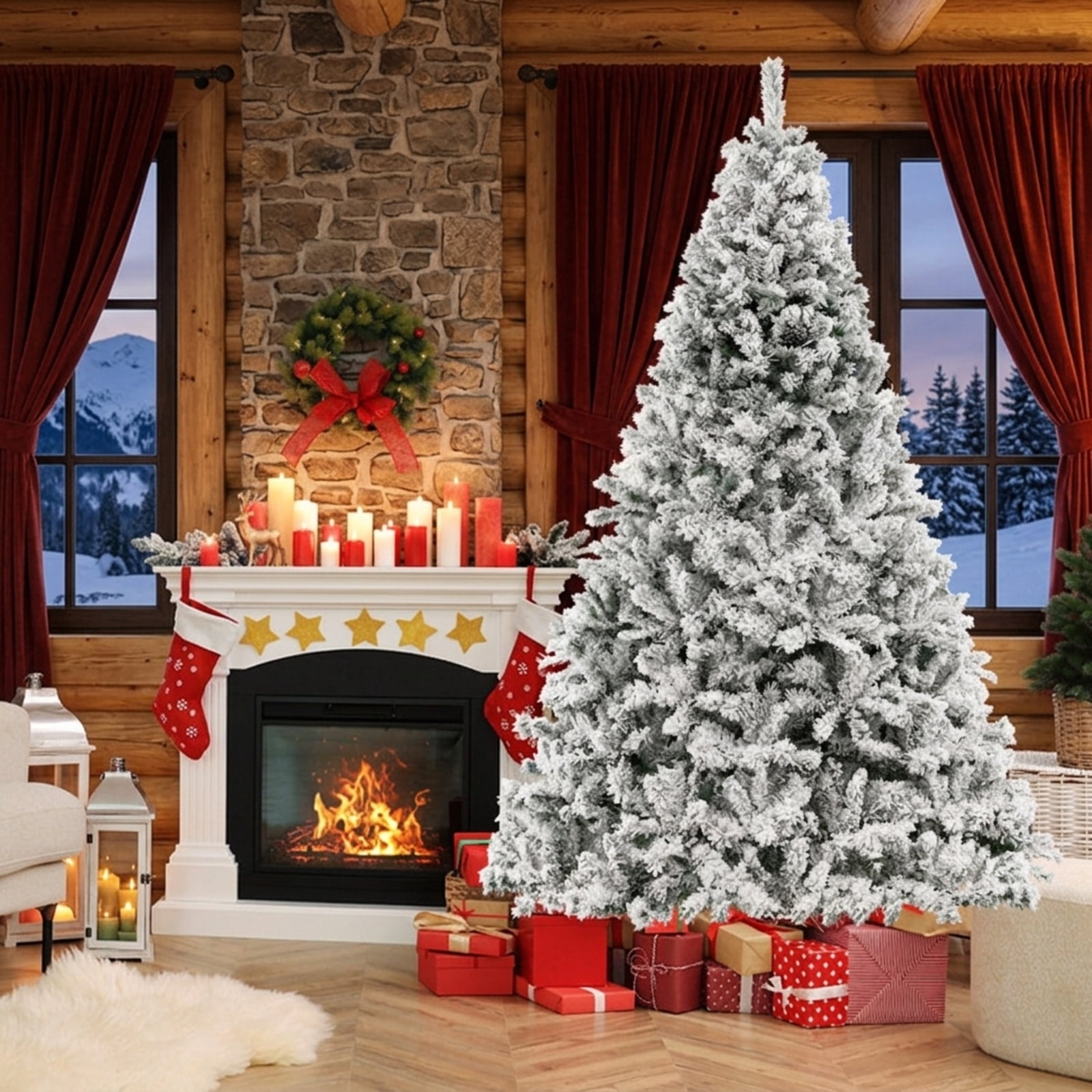 RUIE 8 ft Flocked Christmas Tree, Tall Pre-Lit Green White Artificial Xmas Tree with 600 LED Lights and 1370 Branch Tips for Home