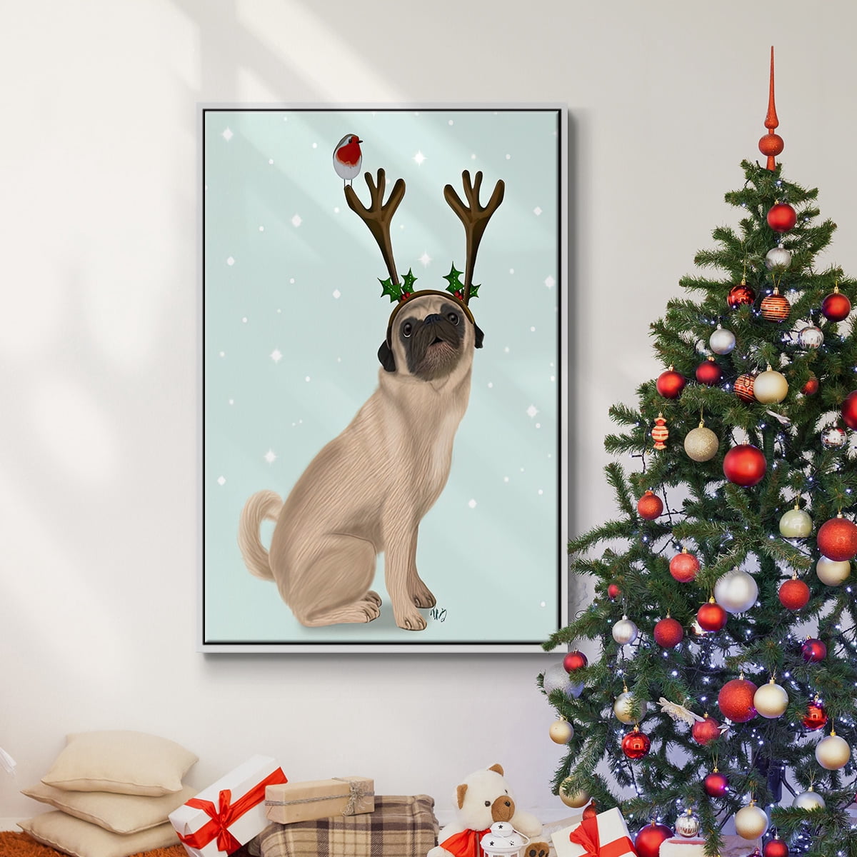 Christmas Pug with Antlers and Robin - Framed Gallery Wrapped Holiday Canvas - 25 x 37 - White Frame