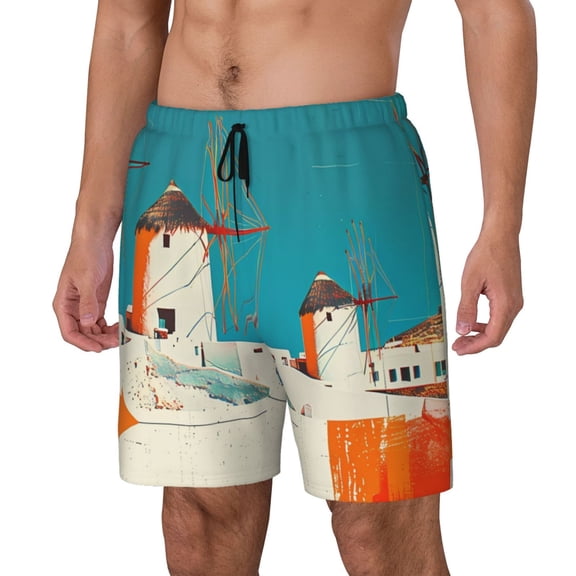 Picia Colorful Greek Windmills pattern Mens Swim Trunks with Compression Liner Stretch Beach Shorts Quick Dry with Zipper Pockets No-Chafing Board Shorts-Small