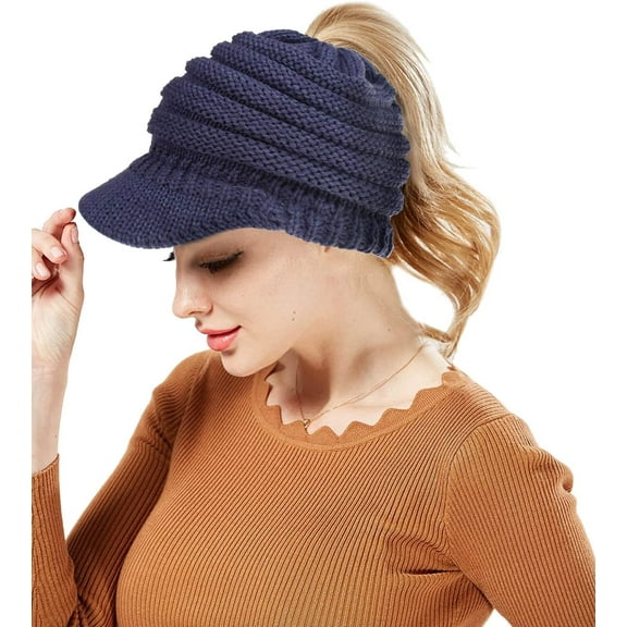 Zhengup Winter Cable Knit Beanie Cap Soft Stretch Messy High Bun Ponytail Hat Unisex Warm Fleece Lined Skull Cap