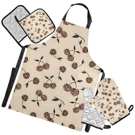 Ryvnso Leopard Cherry Kitchen Apron Oven Mitts Set Pot Holders