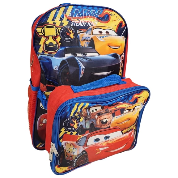 Pixar Cars Lighting McQueen Full Size 16 Inch Backpack with Detachable Lunch Box