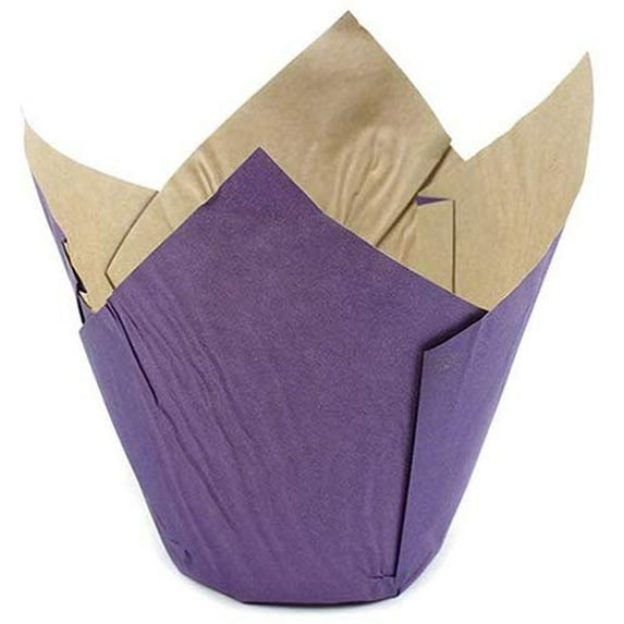 Novacart 160/50 Elite Grease-Proof Tulip Baking Cup 2" Base Diameter x 2.13" High to 3.5" High, with Ecru Interior and Purple Exterior - Pack of 200