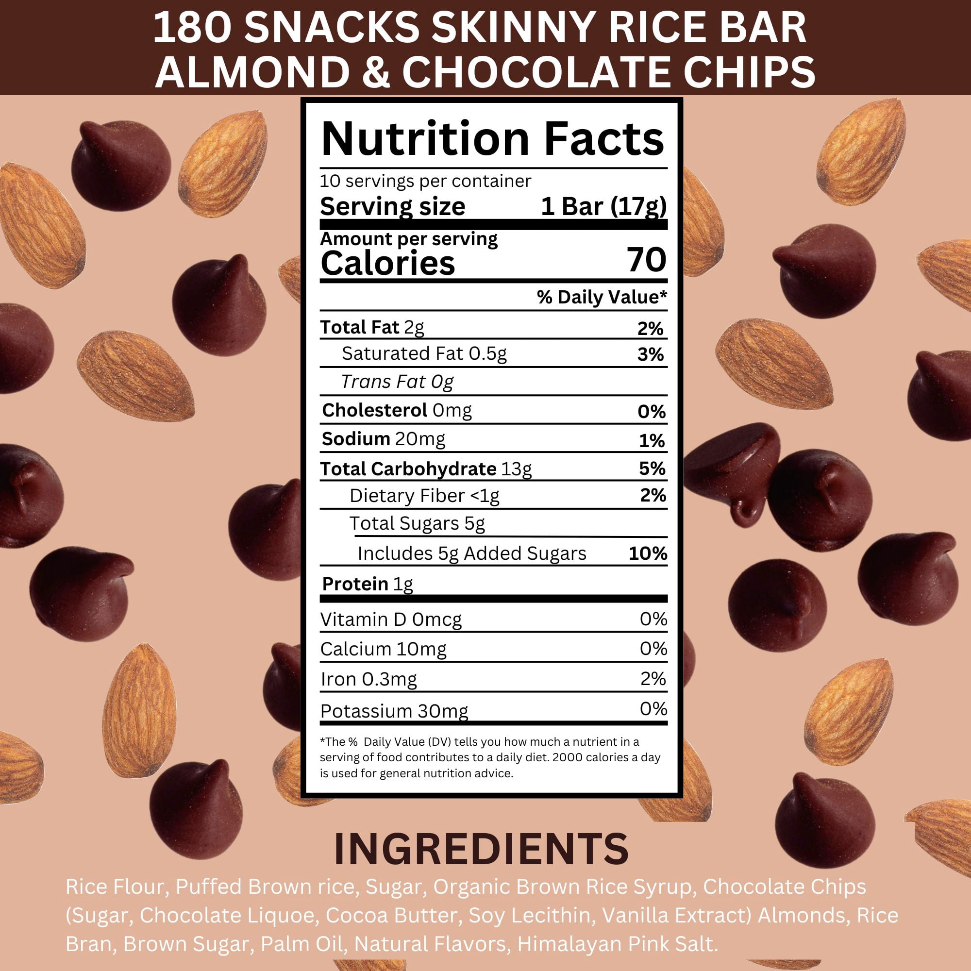180 Snacks Skinny Rice Bar Variety Pack of 3, 30 Total Low Calorie Gluten Free Snack Bars, Almond and Cranberries Chocolate Chips Blueberries