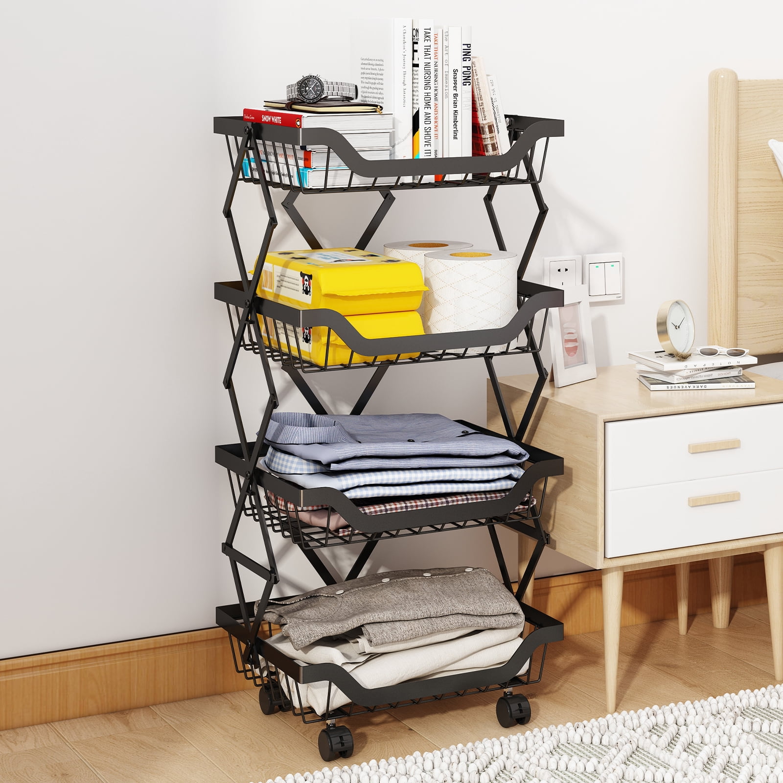 Alexent 4-Tier Foldable Rolling Storage Cart, No Assembly, Space-Saving Metal Organizer with Wheels for Kitchen Pantry Bathroom