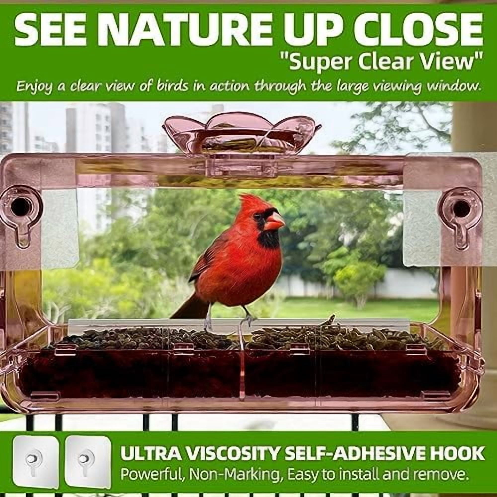 Window Bird Feeder with Non-Marking Self-Adhesive Hooks, Clear and Transparent, Outdoor Wild Bird Watching Gift, Garden Decor (Red)