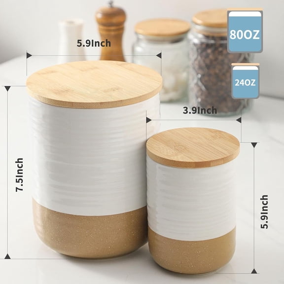 HASENSE Ceramic Food Storage Jars 80oz   24oz Kitchen Canister Set – 7.5" & 5.9" Airtight Jar Set of 2（White）