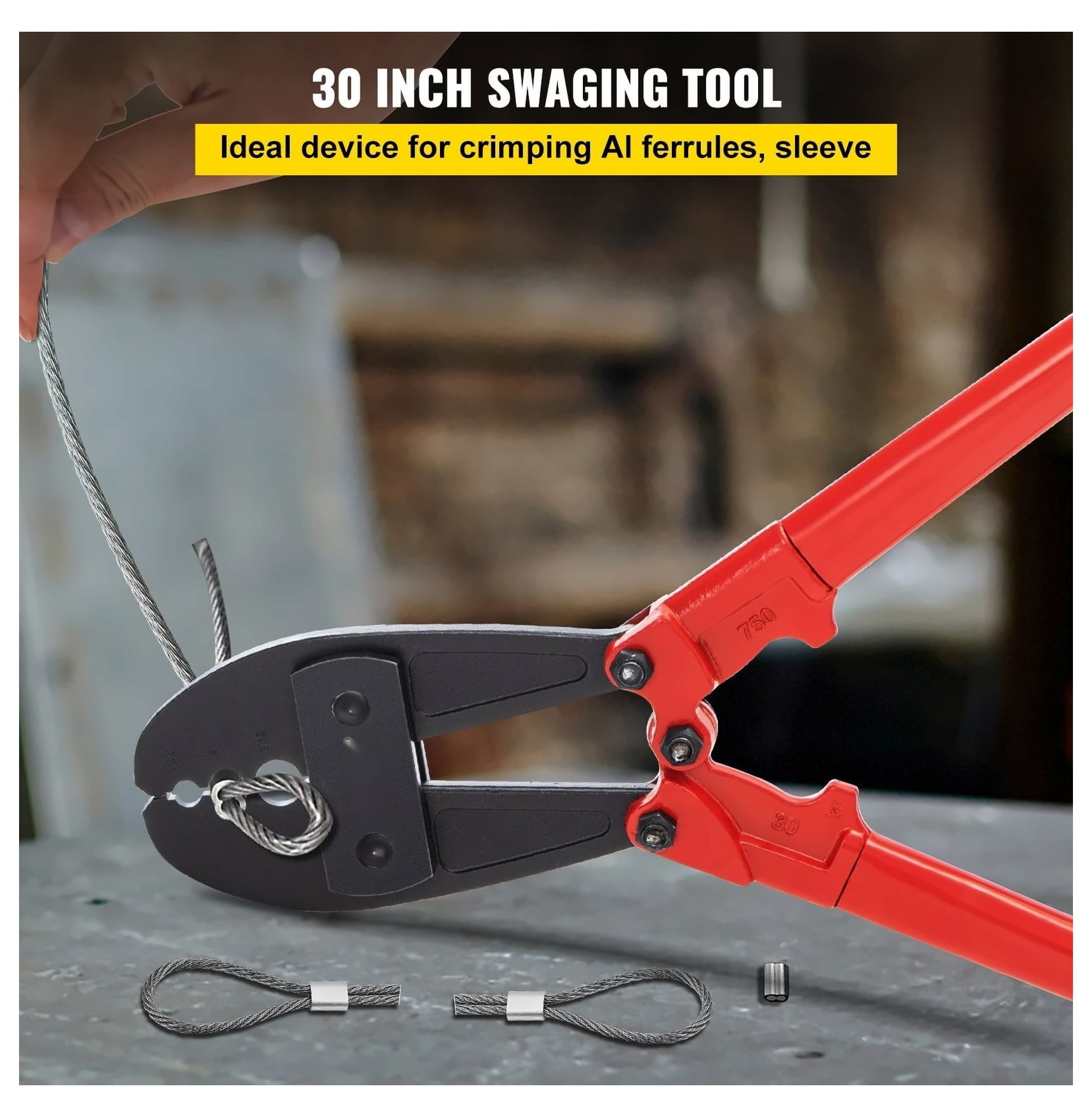 30" Hand Swager, Wire Rope Crimping Tool for 5/32", 1/4", 5/16" Cable, Alloy Steel Construction, Labor-Saving Handle, Ideal for Construction & Maintenance