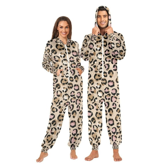 Adult Christmas Onesie Leopard Spots Adult Zipper One-Piece Pajamas Unisex Pajamas with Pockets