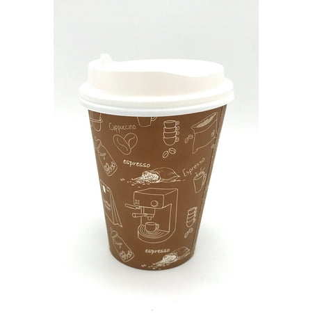 - (1000 Set) HARVEST PACK Single Wall Disposable Hot Paper Cups with White Lids Brown Graphic for Hot Drinks Coffee Tea Cocoa Cappuccino Espresso latte chocolate (1000) (12OZ, Brown Graphic)