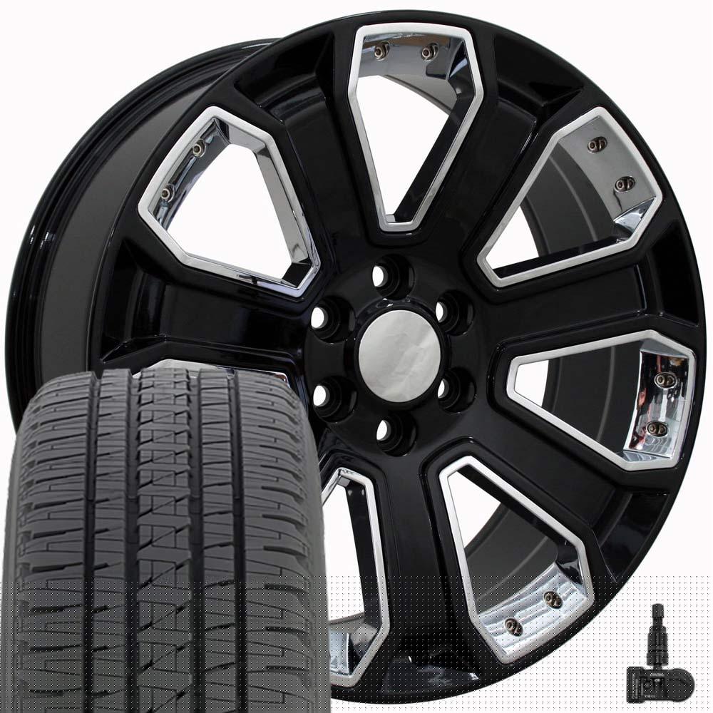OE Wheels CV93 22 Inch Rims and Tires Fit Silverado 1500 Style 6x139.7 22x9 Gloss Black with Chrome Insert - Hollander 5660 - Dueler H/L Alenza 285/45-22 (Set of 4)